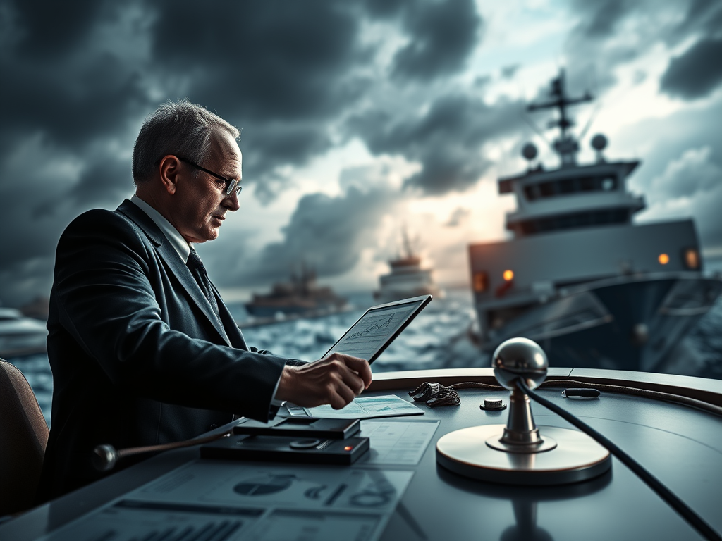A business professional in a suit is analyzing data on a tablet while seated at a desk on a boat, with stormy skies and other boats visible in the background.