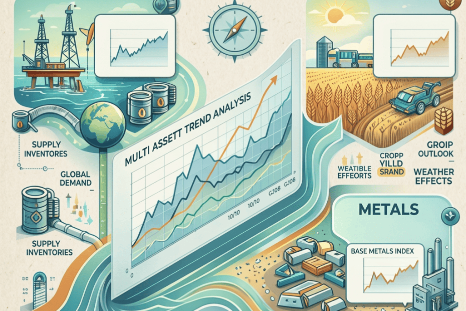 Charts and illustrations depicting crude oil prices, wheat prices, industrial metals index, and market factors influencing global commodities.